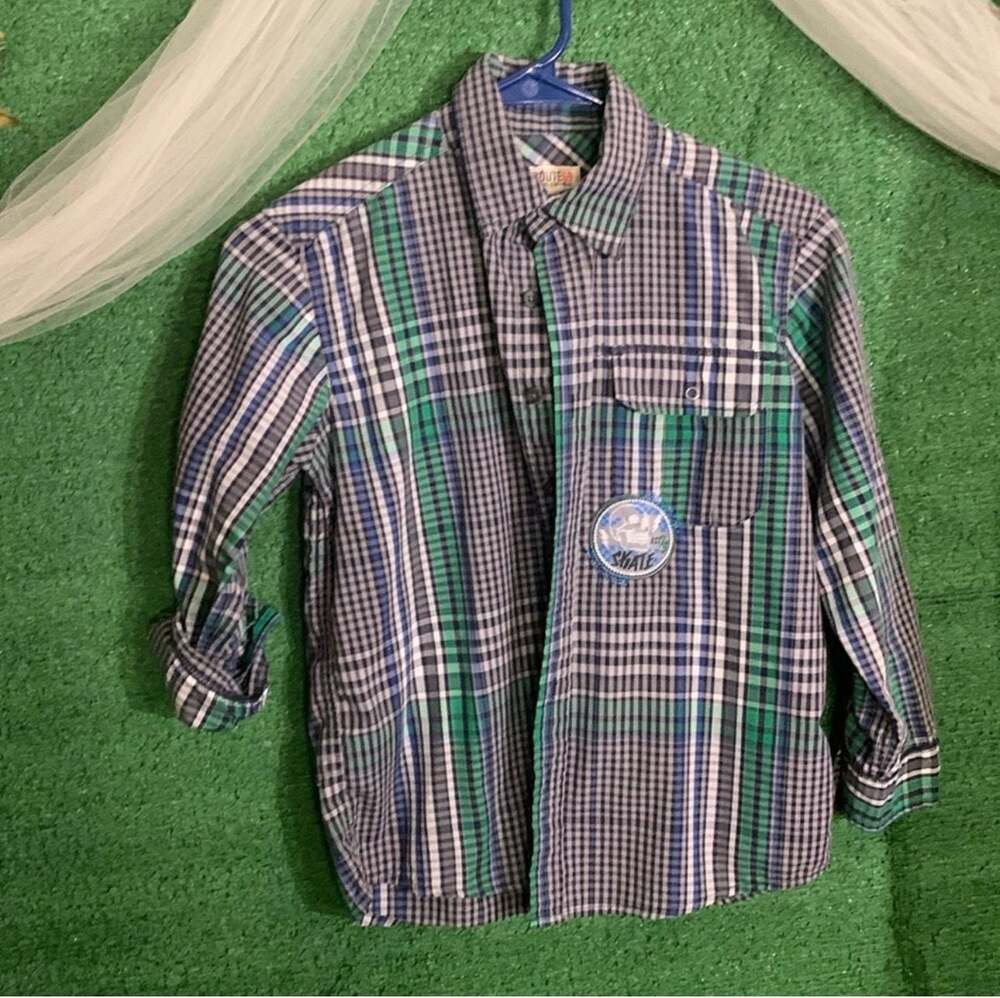 Route 66 Boys Green and Blue Plaid Long Sleeve Button-Down w Skate Patch